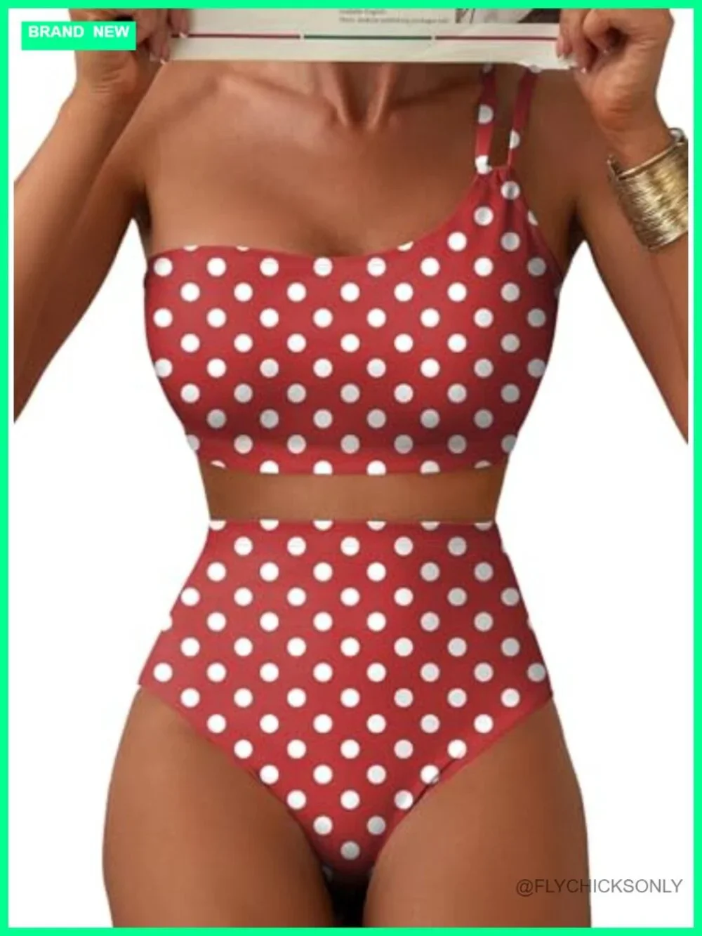High Waisted Floral Print One Shoulder Bikini Set, 85% Polyester 15% Spandex